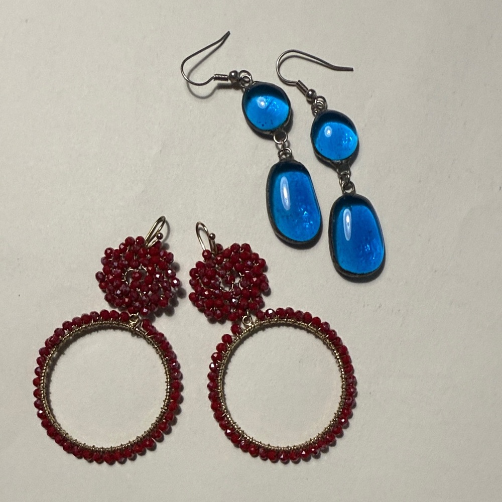 Elegant Jewel Tone Red Beaded & Blue Resin Earrings Bundle -perfect for holidays
